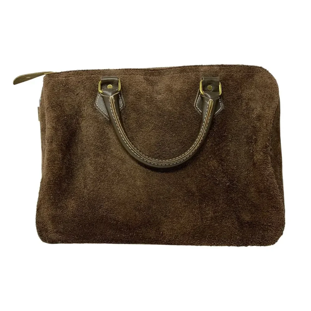 Vintage Meeks Luggage Suede Leather Satchel Purse Bag Brown Top Zip *READ